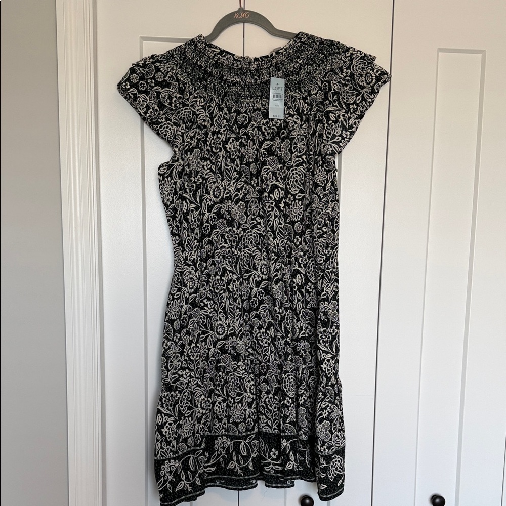 LOFT Black & White Floral Smocked-Neck Midi Dress